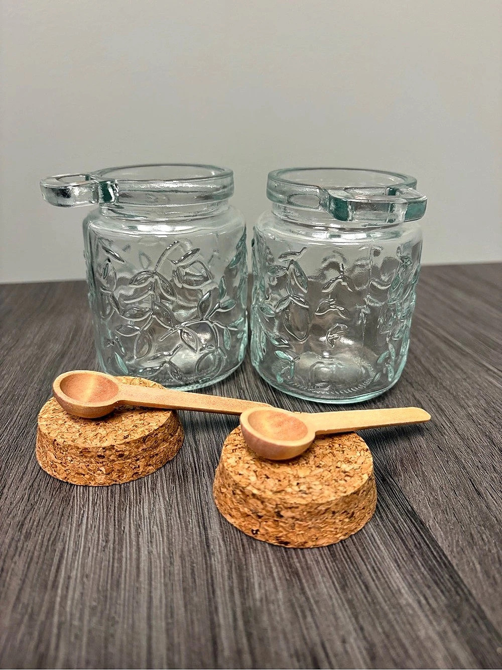 Set of 2 Glass Kitchen Canisters Cork Lids + Wooden Spoon